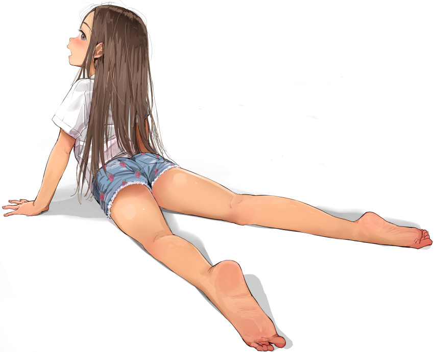 1girl absurdres arm_support ass banned_artist bare_legs barefoot blue_shorts blush brown_eyes brown_hair child denim denim_shorts fingernails from_behind full_body highres long_hair looking_at_viewer looking_back masuda_(yousaytwosin) open_mouth original parted_lips petite shirt short_shorts short_sleeves shorts sideways_glance simple_background soles solo toes white_background white_shirt