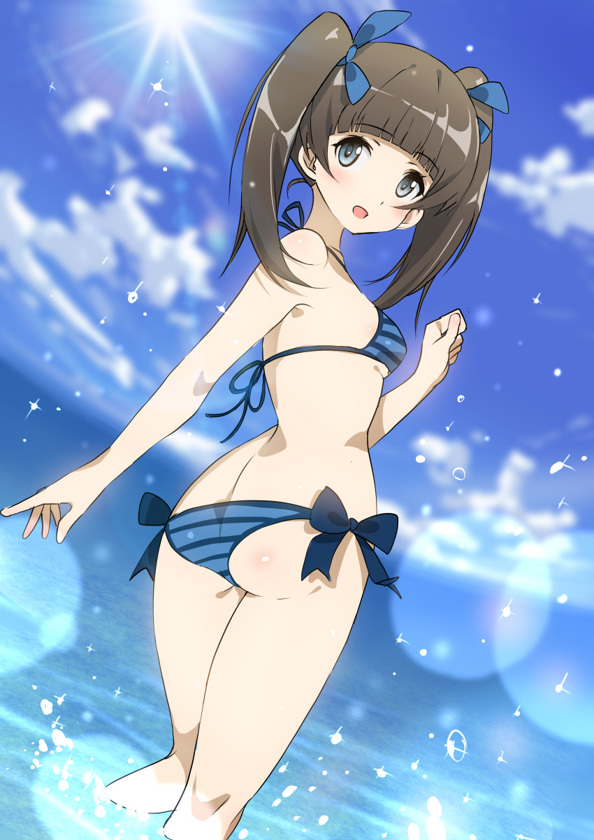 1girl absurdres ass beach bikini blue_bikini blue_eyes brave_witches breasts brown_hair clouds furuyama_itaru georgette_lemare highres long_hair ocean open_mouth outdoors ribbon side-tie_bikini sideboob sky small_breasts solo strike_witches striped striped_bikini swimsuit thighs twintails wading world_witches_series