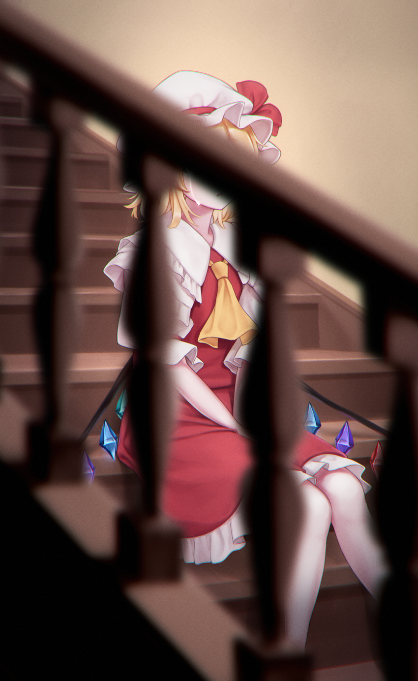 1girl ascot blonde_hair blurry chromatic_aberration covered_face crying crystal depth_of_field dress feet_out_of_frame flandre_scarlet hat highres mob_cap red_dress short_hair sitting solo stairs streaming_tears tears torinari_(dtvisu) touhou wings