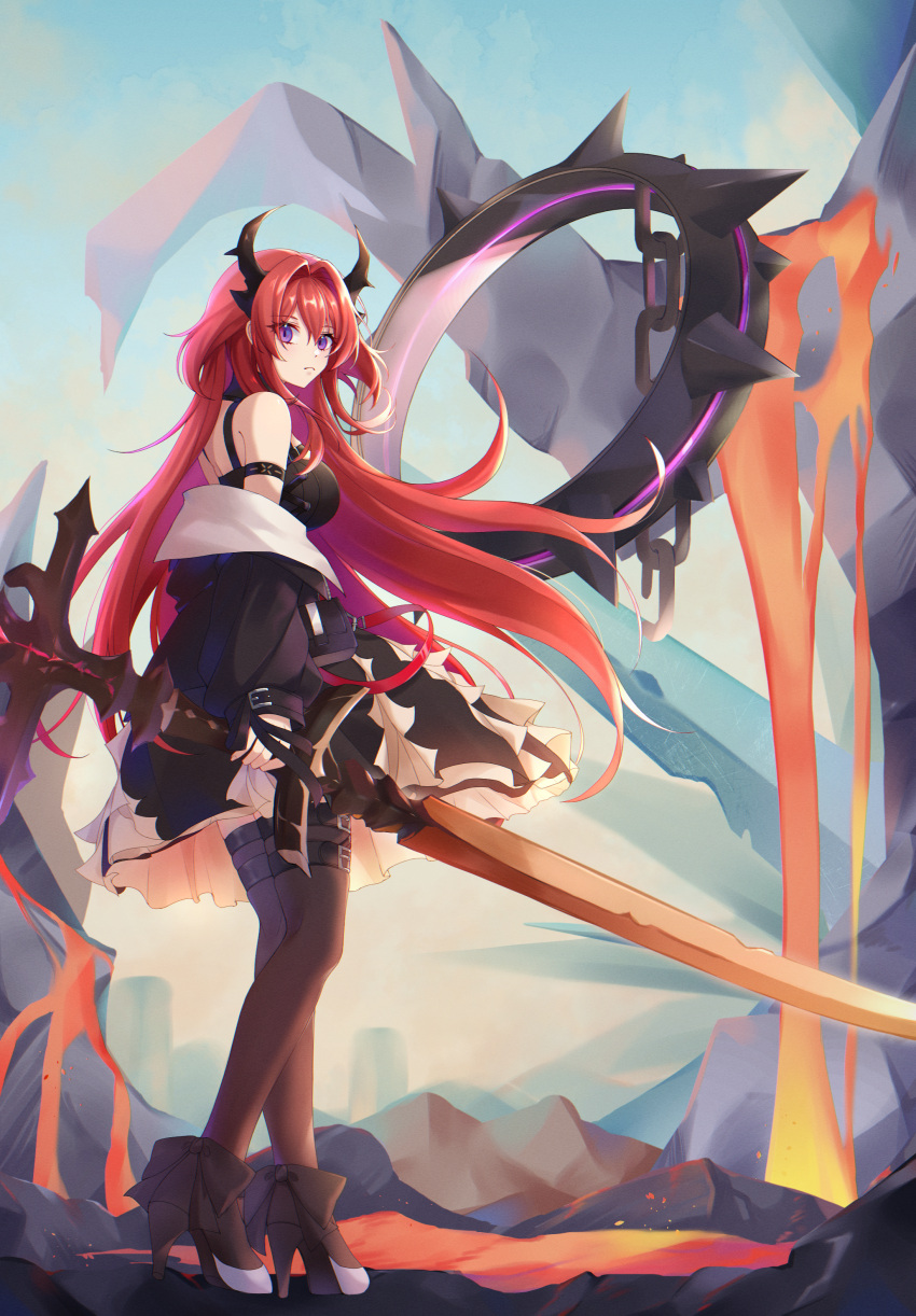 1girl absurdres arknights bare_shoulders black_dress collar demon_girl demon_horns dress highres holding holding_weapon horns huge_filesize jacket long_hair looking_at_viewer redhead ryu.o surtr_(arknights) sword violet_eyes weapon