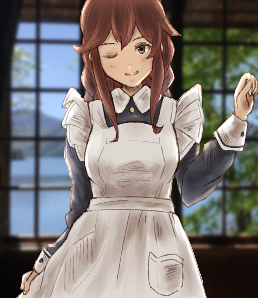 1girl alternate_costume apron bangs black_dress blurry braid brown_hair commentary_request depth_of_field dress enmaided frilled_apron frills green_eyes highres kantai_collection ld_(luna_dial398) looking_at_viewer maid noshiro_(kancolle) one_eye_closed solo swept_bangs twin_braids white_apron window