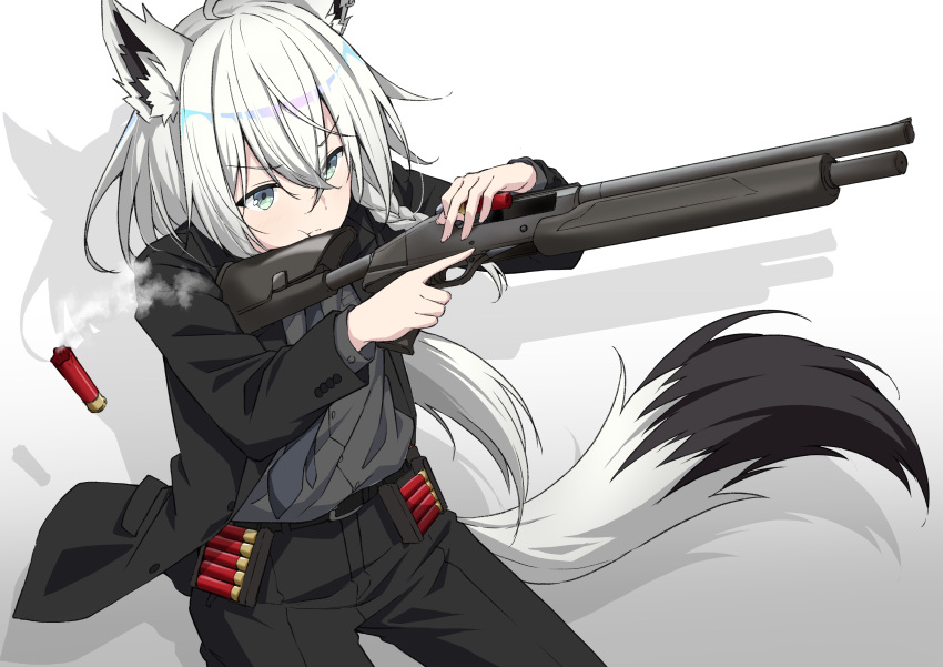 1girl absurdres ahoge animal_ear_fluff animal_ears aqua_eyes asanaya bangs belt black_belt black_jacket black_neckwear black_pants black_shirt black_suit braid closed_mouth ear_piercing earrings eyebrows_visible_through_hair formal fox_ears fox_girl fox_tail gun hair_between_eyes highres holding holding_gun holding_weapon hololive jacket jewelry long_hair long_sleeves looking_at_viewer low_ponytail necktie open_clothes open_jacket pants piercing reloading shirakami_fubuki shirt shotgun side_braid sidelocks single_braid single_earring solo suit tail virtual_youtuber weapon white_hair