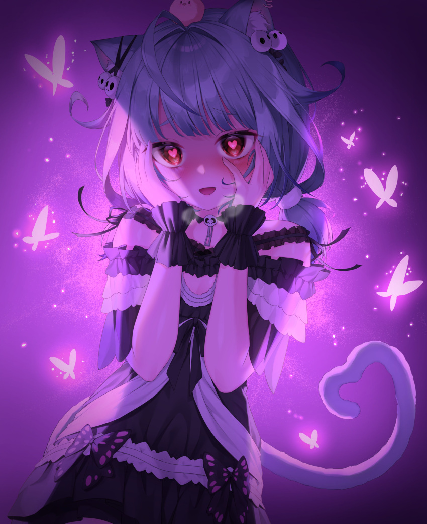 1girl :d absurdres ahoge animal_ear_fluff animal_ears animal_on_head bangs bird bird_on_head black_choker black_dress blush bug butterfly cat_ears cat_girl cat_tail chick choker commentary_request dress eyebrows_visible_through_hair green_hair hair_ornament hands_on_own_face hands_up heart heart-shaped_pupils highres hololive insect long_hair looking_at_viewer noise off-shoulder_dress off_shoulder on_head open_mouth piyoko_(uruha_rushia) red_eyes short_sleeves skull_hair_ornament smile solo symbol-shaped_pupils tail twintails upper_body uruha_rushia virtual_youtuber wrist_cuffs xiho_(suna) yandere_trance