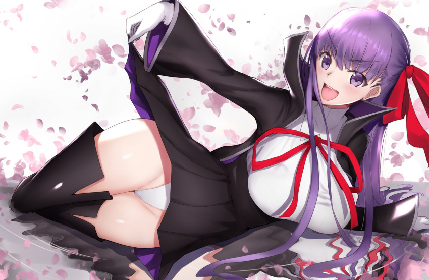 1girl akatsuki_ikki bangs bb_(fate) bb_(fate)_(all) booth breasts eyebrows_behind_hair eyebrows_visible_through_hair fate/extra fate/grand_order fate_(series) hair_ribbon highres long_hair looking_at_viewer lying open_mouth petals purple_hair reflection ribbon skirt smile solo underwear violet_eyes water_surface