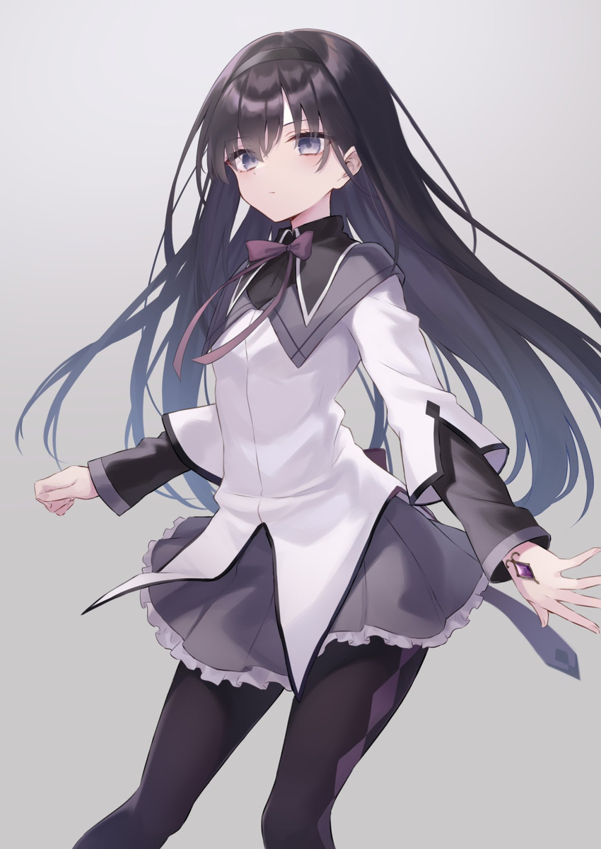 1girl akemi_homura azuuru bangs black_hair black_hairband black_legwear closed_mouth floating_hair grey_background grey_eyes grey_skirt hair_between_eyes hairband highres jacket long_hair long_sleeves mahou_shoujo_madoka_magica miniskirt pantyhose pleated_skirt purple_neckwear shiny shiny_hair simple_background skirt solo standing very_long_hair white_jacket