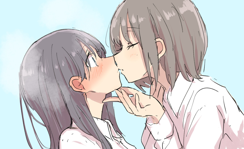 2girls absurdres betock black_hair blue_background blush brown_hair closed_eyes closed_mouth collared_shirt commentary dutch_angle ear_blush eyebrows_visible_through_hair hand_on_another's_chin highres imminent_kiss long_hair looking_at_another medium_hair multiple_girls original shirt simple_background steam upper_body white_shirt yuri