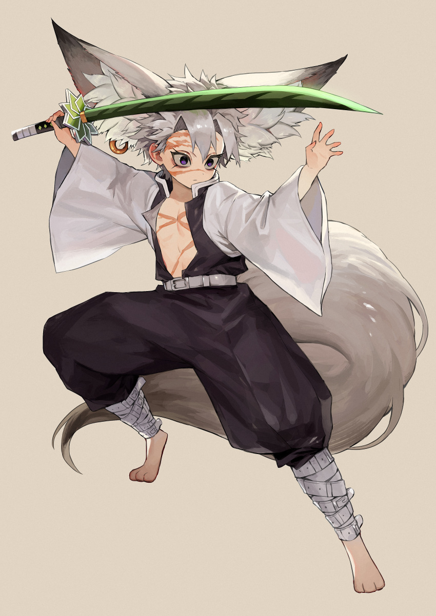 1boy absurdres animal_ear_fluff animal_ears bangs belt closed_mouth ear_piercing full_body grey_background highres holding holding_sword holding_weapon huge_filesize katana kimetsu_no_yaiba large_ears large_tail long_sleeves monza_(saeumon) open_clothes piercing scar scar_on_chest scar_on_face shinazugawa_sanemi simple_background sword tail violet_eyes weapon white_hair wide_sleeves
