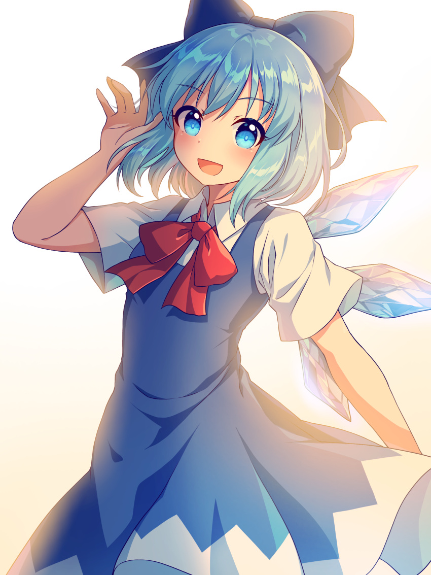 1girl :d absurdres bangs blue_bow blue_dress blue_eyes blue_hair blush bow brown_background caramell0501 cirno collared_shirt detached_wings dress eyebrows_visible_through_hair gradient gradient_background hair_bow hand_up highres ice ice_wings looking_at_viewer open_mouth red_bow shirt short_sleeves sleeveless sleeveless_dress smile solo touhou white_background white_shirt wings