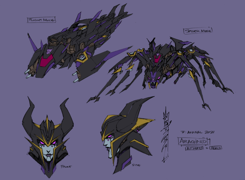 airachnid alex_milne bug character_name character_sheet decepticon english_commentary mecha multiple_views no_humans official_art purple_background redesign science_fiction signature smile spider the_transformers_(idw) transformers violet_eyes