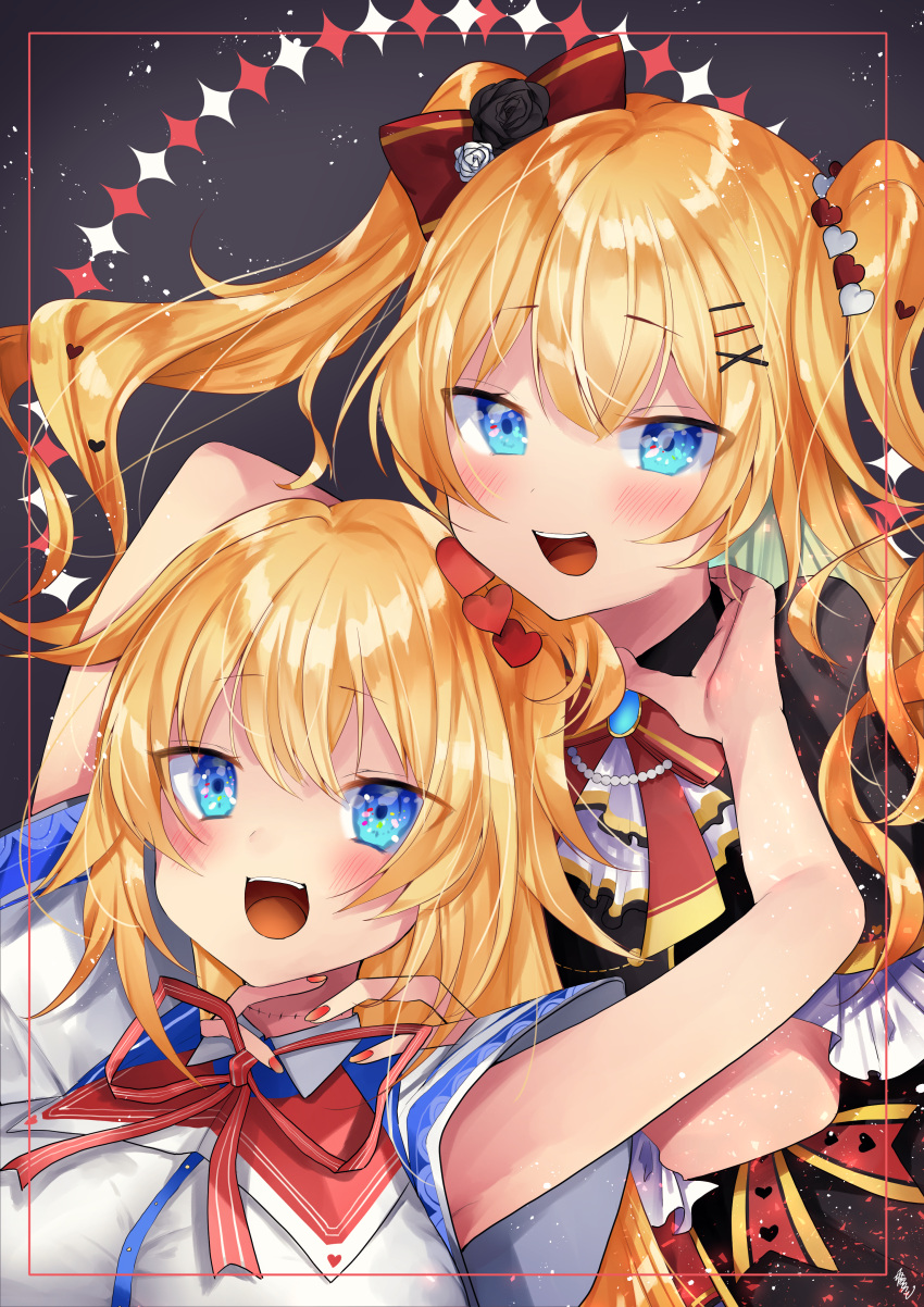 2girls absurdres akai_haato armpits bangs black_background blonde_hair blue_eyes blush bow bowtie commentary_request dual_persona eyebrows_visible_through_hair hair_bow hair_ornament hairclip hands_on_another's_neck happy heart heart_hair_ornament highres hololive long_hair multiple_girls nail_polish open_mouth red_nails sakamiya_tsuto signature simple_background stitched_neck stitches virtual_youtuber