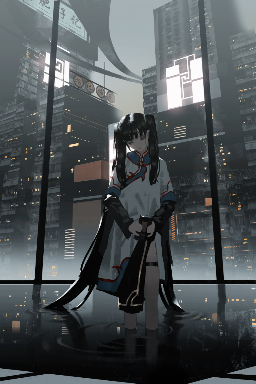 1girl absurdres billboard black_hair chinese_clothes cityscape highres holding long_hair long_sleeves looking_away original reflective_water ripples science_fiction shiny shiny_hair solo thigh_strap tuoer twintails wading water white_robe