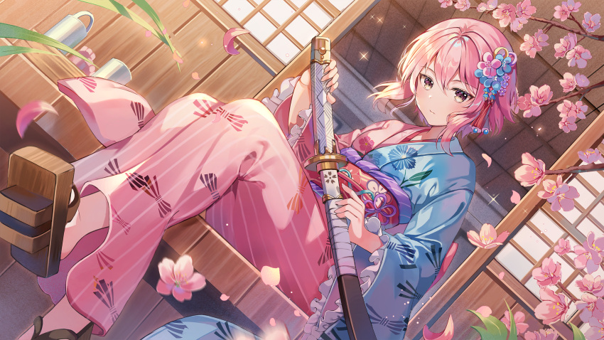 1girl alchemy_stars auro_drm bangs brown_eyes character_request cherry_blossoms closed_mouth eyebrows_visible_through_hair floral_print highres hiiro_(alchemy_stars) holding holding_weapon japanese_clothes katana kimono looking_at_viewer medium_hair okobo outdoors petals pink_hair sitting solo sword weapon