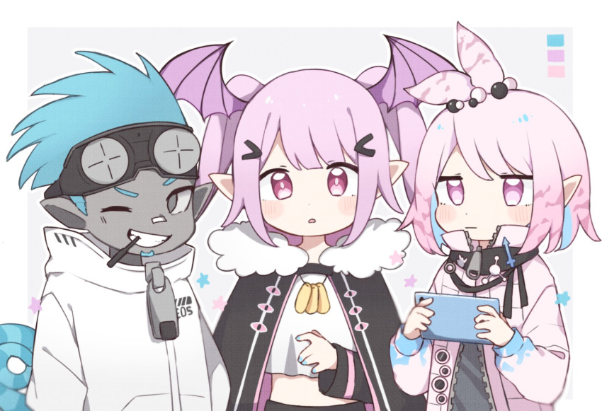 1boy 2girls :| antenna_hair arknights black_cape blue_hair blue_nails blush cape cellphone chameleon_tail chibi closed_mouth colored_skin commentary cropped_shirt dog_tags ethan_(arknights) fur-trimmed_cape fur_trim grey_eyes grey_shirt grey_skin hair_ornament hairclip hand_up head_wings highres holding holding_phone jacket kirara_(arknights) looking_at_viewer manticore_(arknights) mouth_hold multiple_girls nano_mochi open_clothes open_jacket open_mouth oversized_zipper phone pink_eyes pink_hair pink_jacket shirt short_hair tail trait_connection twintails white_jacket white_shirt