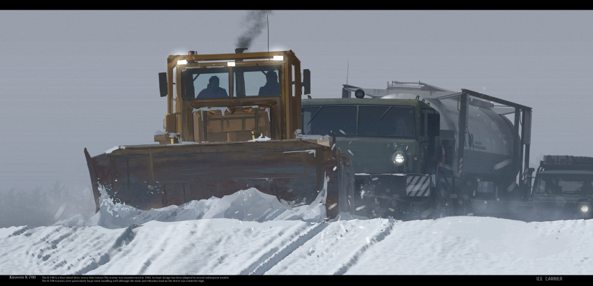 2boys grey_sky ground_vehicle haguruma_c highres military military_vehicle motor_vehicle multiple_boys oil_tanker original smoke smokestack snow snowplow tree truck