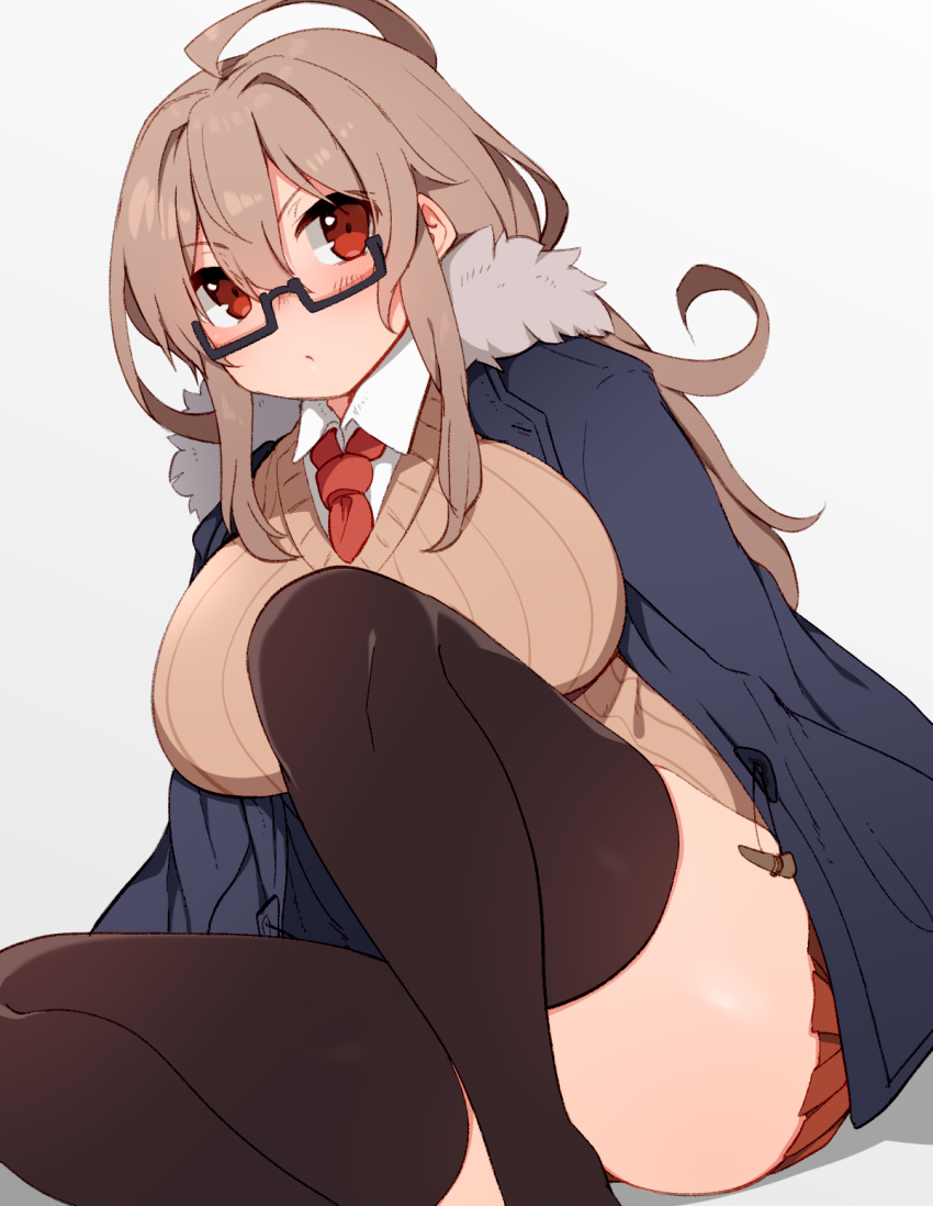 1girl ahoge bangs blue_coat blush breasts brown_legwear character_request coat dot_mouth eyebrows_visible_through_hair feet_out_of_frame fur_trim glasses hair_between_eyes hair_intakes highres light_brown_hair long_hair mofuaki necktie no_nose open_clothes open_coat red_eyes red_neckwear ribbed_sweater semi-rimless_eyewear shadow shirt sidelocks sitting solo sweater thick_thighs thigh-highs thighs under-rim_eyewear v-neck white_background white_shirt wing_collar