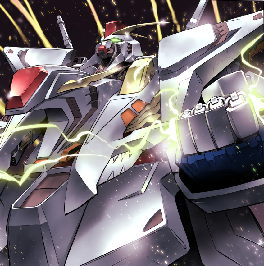 clenched_hand commentary_request electricity glowing glowing_eyes green_eyes gundam gundam_hathaway's_flash highres looking_up mecha mobile_suit no_humans science_fiction shiny solo tumugi000 upper_body v-fin xi_gundam