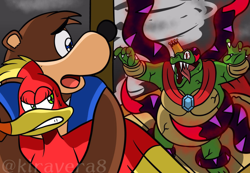 aura banjo-kazooie banjo_(banjo-kazooie) cape corruption crossover crown dark_persona dharkon donkey_kong_(series) glowing hal_laboratory highres kazooie_(banjo-kazooie) king_k._rool kiravera8 nintendo open_mouth possessed red_eyes scared sharp_teeth slit_pupils standing super_smash_bros. sweat sweatdrop teeth tentacles tongue tongue_out veins watermark