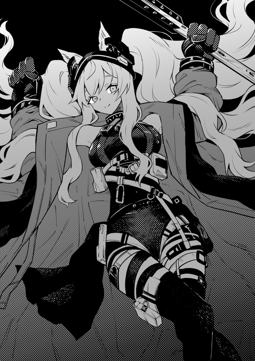 1girl absurdres angelina_(arknights) angelina_(distinguished_visitor)_(arknights) animal_ears arknights bangs bare_shoulders belt closed_mouth coat feet_out_of_frame fox_ears gloves greyscale hair_between_eyes hairband highres holding holding_staff infection_monitor_(arknights) looking_at_viewer monochrome official_alternate_costume open_clothes open_coat smile solo staff thigh-highs toxin000x