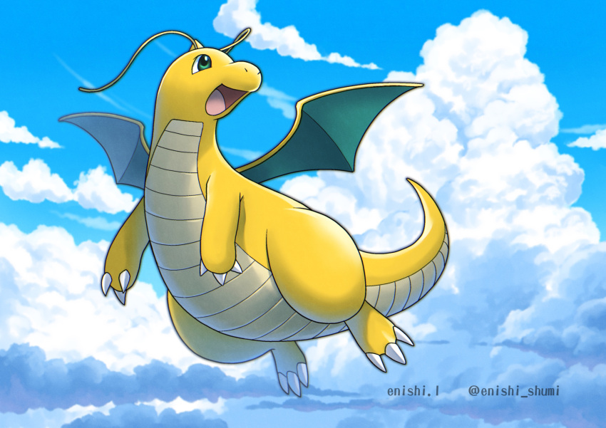 claws clouds commentary_request day dragonite enishi_(menkura-rin10) full_body gen_1_pokemon green_eyes highres looking_back no_humans open_mouth outdoors pokemon pokemon_(creature) sky solo tongue