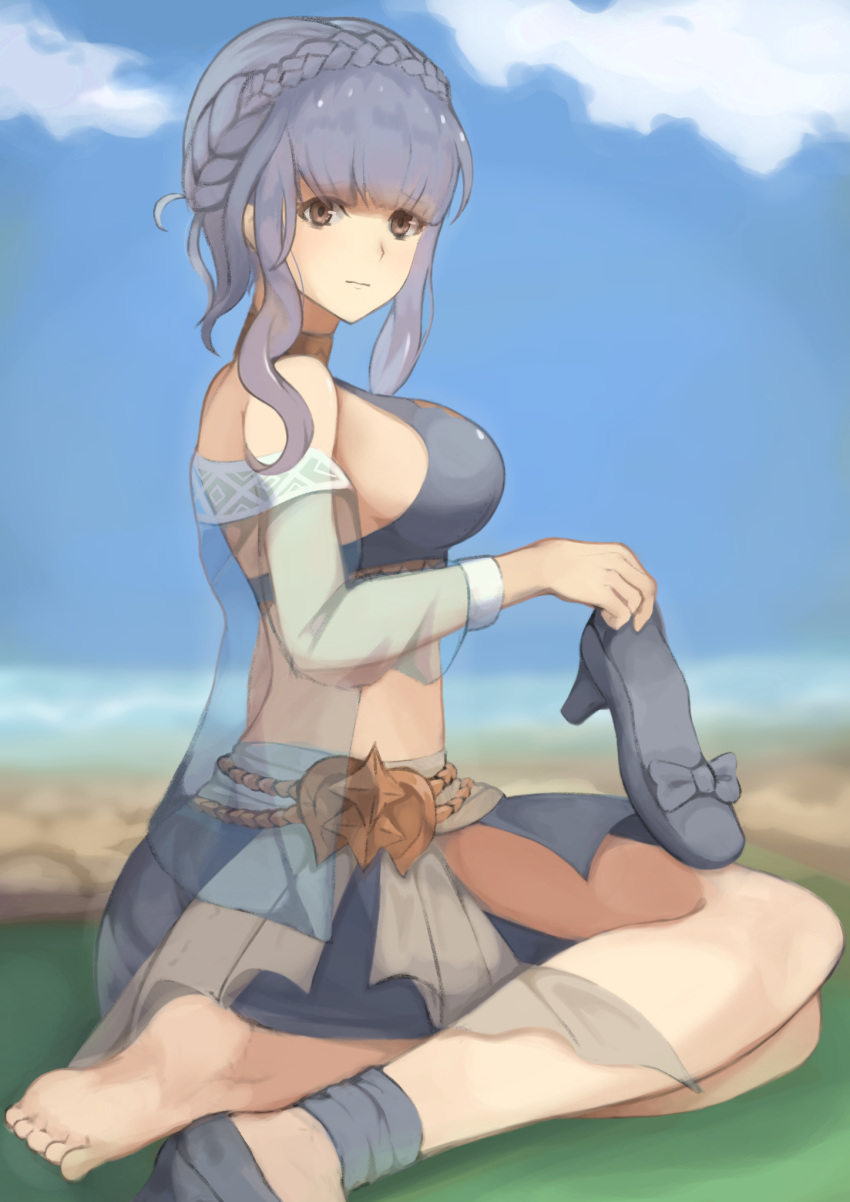 1girl akacolor barefoot beach beach_towel bikini blue_bikini blue_hair blue_sky braid breasts brown_eyes fire_emblem fire_emblem:_three_houses fire_emblem_heroes french_braid high_heels highres jewelry large_breasts looking_at_viewer marianne_von_edmund necklace shawl shoe_removed sitting sky swimsuit towel