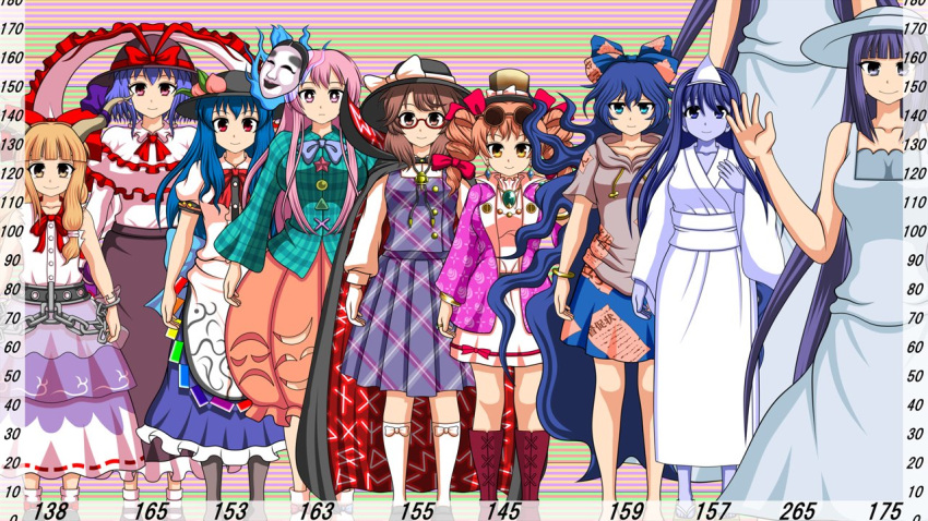 6+girls antinomy_of_common_flowers bangs barefoot black_cape black_eyes black_footwear black_hair black_headwear black_skirt blouse blue_bow blue_eyes blue_hair blue_skirt blunt_bangs boots bow bowtie bracelet breasts bright_pupils brown_eyes brown_footwear brown_hair bubble_skirt buttons cape character_request circle closed_mouth coat cross-laced_footwear cuffs debt drawstring dress drill_hair eyebrows_visible_through_hair eyewear_on_head fedora footwear_bow frilled_shawl frills full_body glasses green_bow green_shirt grey_eyes grey_hoodie hair_bow hat hat_bow hata_no_kokoro height_chart hinanawi_tenshi hood hoodie hopeless_masquerade horn_ornament horn_ribbon horns ibuki_suika immaterial_and_missing_power japanese_clothes jewelry kimono large_breasts long_hair long_skirt long_sleeves low-tied_long_hair mask mask_on_head medium_breasts metal_belt mini_hat mini_top_hat multiple_girls nagae_iku noh_mask orange_eyes orange_hair orange_skirt pendant pink_eyes pink_hair plaid plaid_shirt plaid_skirt plaid_vest pleated_skirt puffy_short_sleeves puffy_sleeves purple_bow purple_coat purple_hair purple_neckwear purple_ribbon purple_skirt purple_vest quimbaya_airplane rainbow_order red_bow red_eyes red_neckwear red_skirt ribbon ribbon-trimmed_skirt ribbon_trim ring round_eyewear runes sandals scarlet_weather_rhapsody semi-rimless_eyewear shackles shawl shirt short_hair short_sleeves skirt smile socks standing star_(symbol) sunglasses sutekase top_hat torn_clothes torn_sleeves touhou touhou_hisoutensoku triangle triangular_headpiece twin_drills under-rim_eyewear urban_legend_in_limbo usami_sumireko very_long_hair vest violet_eyes wavy_hair white_blouse white_bow white_dress white_footwear white_kimono white_legwear white_pupils white_shirt wide_sleeves yorigami_jo'on yorigami_shion