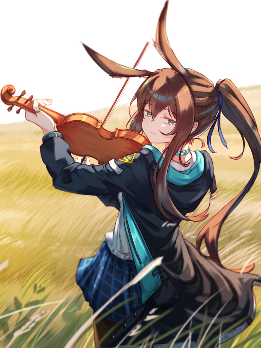 1girl amiya_(arknights) animal_ears arknights black_jacket black_legwear blue_eyes blue_ribbon blue_skirt bow_(instrument) collar commentary extra_ears hair_ribbon highres holding holding_instrument instrument jacket jewelry jl_tan long_hair looking_at_viewer looking_back music open_clothes open_jacket outdoors pantyhose plaid plaid_skirt playing_instrument ponytail rabbit_ears ribbon ring shirt skirt solo violin wheat wheat_field white_shirt white_sky