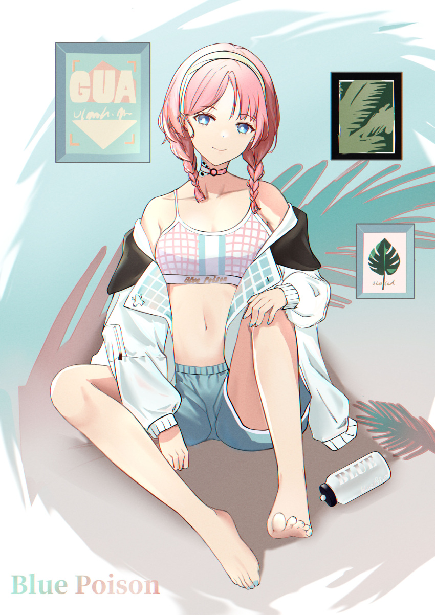 1girl absurdres arknights blue_eyes blue_nails blue_poison_(arknights) blue_poison_(shoal_beat)_(arknights) blue_shorts bottle braid character_name chinese_commentary choker fotis full_body hairband highres knee_up long_hair looking_at_viewer midriff o-ring o-ring_choker off_shoulder official_alternate_costume pink_choker pink_hair scales shorts sitting smile solo sports_bra twin_braids water_bottle white_hairband white_sports_bra