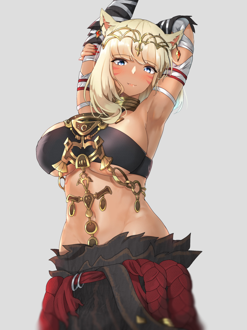 1girl absurdres animal_ears arm_above_head arm_behind_head arm_up armpits blonde_hair blue_eyes breasts commentary commission eyebrows_visible_through_hair facial_tattoo final_fantasy final_fantasy_xiv fingernails futon_fly_away highres large_breasts lipstick long_hair looking_at_viewer makeup miqo'te navel red_nails solo stomach tattoo tiara