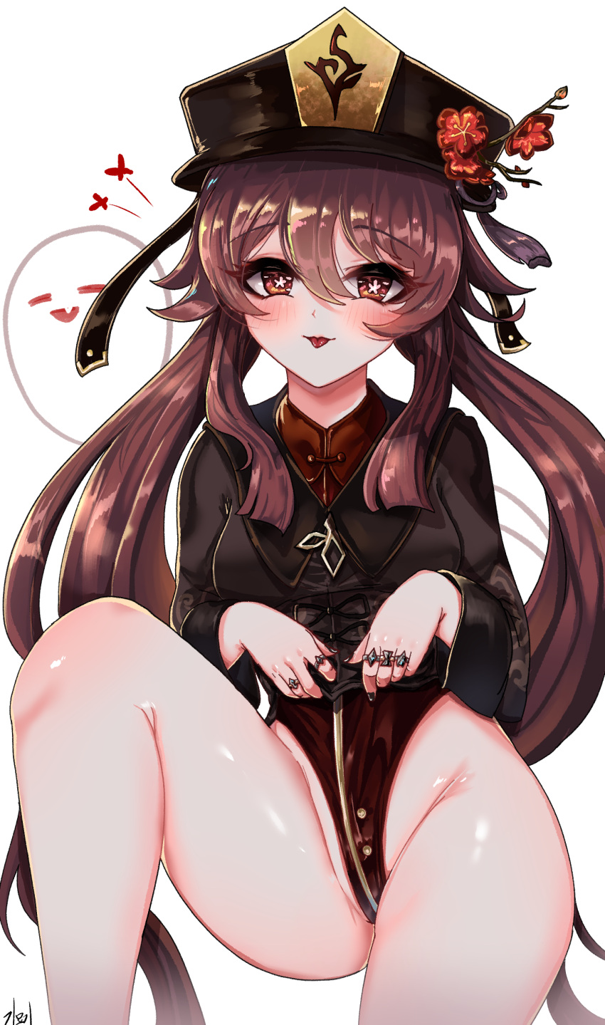 1girl blush brown_hair flower genshin_impact ghost gmg groin haigure_pose hat highleg highres hu_tao_(genshin_impact) jewelry long_sleeves looking_at_viewer nail_polish plum_blossoms red_eyes ring simple_background smile symbol-shaped_pupils thighs tongue tongue_out twintails white_background