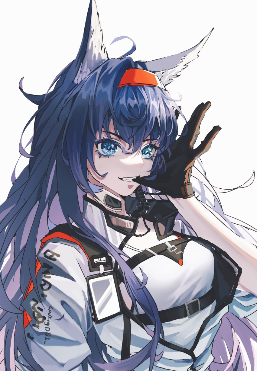 1girl ahoge animal_ears arknights black_gloves blaze_(arknights) blue_eyes blue_hair cat_ears chinese_commentary commentary_request earpiece gloves hairband highres id_card long_hair looking_at_viewer louying061 mouth_pull red_hairband shirt simple_background solo teeth upper_body white_background white_shirt