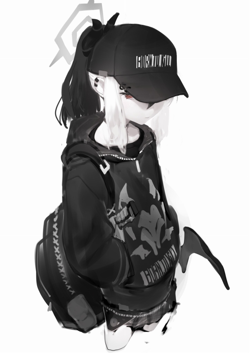 1girl backpack bag bangs baseball_cap blue_archive closed_mouth clothes_writing ear_piercing greyscale hair_between_eyes halo hands_in_pockets hat highres hood hood_down hoodie horns jacket kayoko_(blue_archive) long_sleeves low_wings monochrome multicolored_hair piercing ponytail red_eyes s2j00 sidelocks simple_background skirt solo spot_color streaked_hair wings