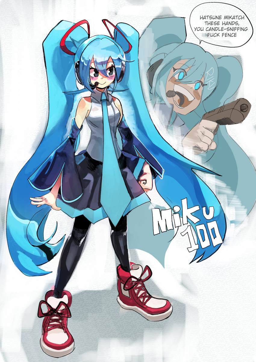 absurdres black_legwear blue_eyes blue_neckwear blush_stickers clenched_hand english_text grey_eyes grey_skirt gun hatsune_miku headset highres light_blue_hair long_hair long_sleeves lunydoobles meme necktie open_mouth profanity red_footwear skirt smile twintails very_long_hair vocaloid weapon