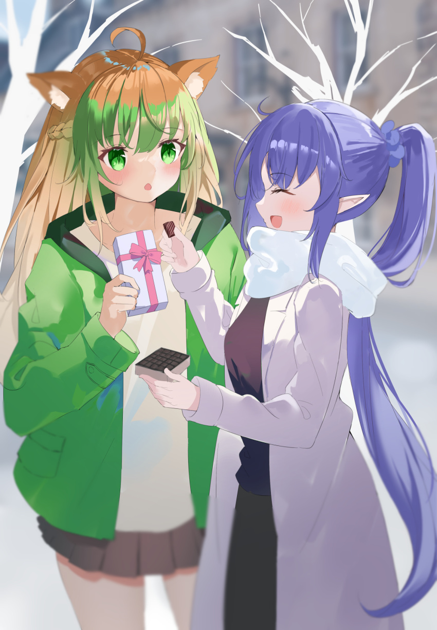 2girls animal_ears atalanta_(fate) bangs blonde_hair box cat_ears cat_girl chocolate closed_eyes coat dear_friend_(fate/grand_order) eyebrows_behind_hair eyebrows_visible_through_hair fate/apocrypha fate/grand_order fate_(series) food gift gift_box green_eyes green_hair hair_between_eyes hairband highres holding holding_chocolate holding_food long_hair medea_(lily)_(fate) multicolored_hair multiple_girls open_mouth pointy_ears ponytail purple_hair scarf skirt smile tree tsukise_miwa winter_clothes winter_coat