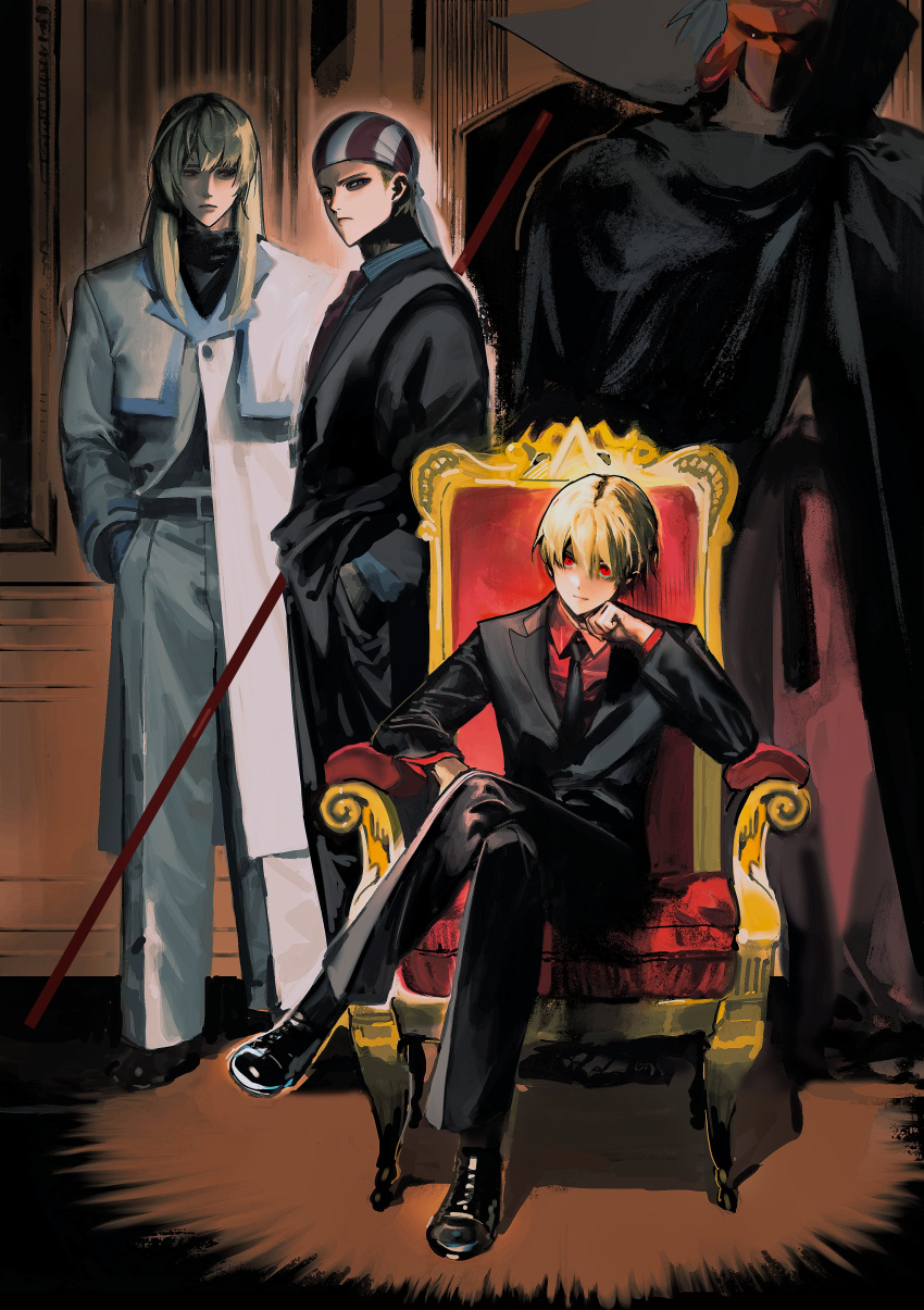 4boys absurdres billy_kane blonde_hair cape crossed_legs d_i_l_f_hunter fatal_fury formal grant_(snk) hand_in_pocket highres kain_r_heinlein long_hair mark_of_the_wolves mask multiple_boys red_eyes rock_howard short_hair sitting staff suit throne