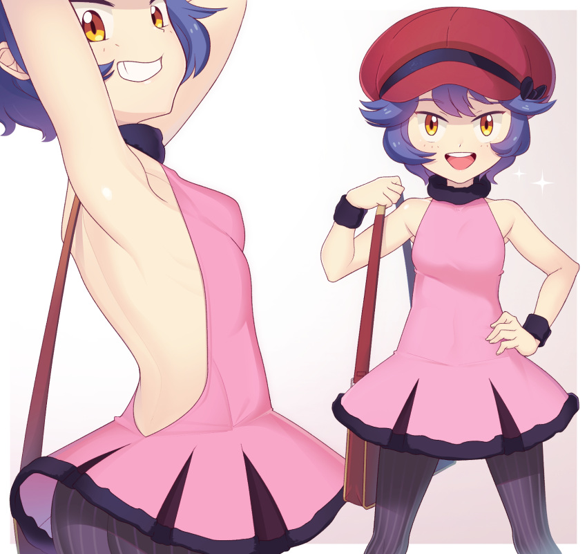 1girl :d arms_up bag bangs brown_bag commentary_request dress freckles gazing_eye grin hand_on_hip handbag hat highres holding_strap legs_apart looking_at_viewer multiple_views nadya_(pokemon) open_mouth pantyhose pink_dress pokemon pokemon_duel purple_hair red_headwear short_dress short_hair simple_background sleeveless sleeveless_dress smile striped striped_legwear teeth tongue upper_teeth vertical-striped_legwear vertical_stripes white_background wristband yellow_eyes