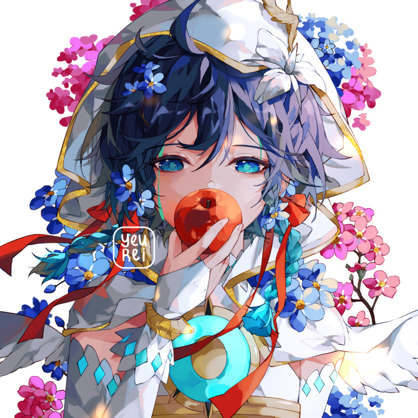 1boy androgynous apple artist_name bangs black_hair blue_eyes blue_flower bracelet braid bridal_gauntlets capelet covered_mouth covering_mouth crop_top elbow_gloves eyebrows_visible_through_hair face feathered_wings flower food fruit genshin_impact gloves gradient_hair hair_flower hair_ornament holding holding_food holding_fruit hood hood_up hooded_capelet jewelry looking_at_viewer male_focus multicolored_hair pink_flower short_hair_with_long_locks sleeveless solo symbol_commentary twin_braids upper_body venti_(genshin_impact) white_background white_flower white_wings wings yeurei