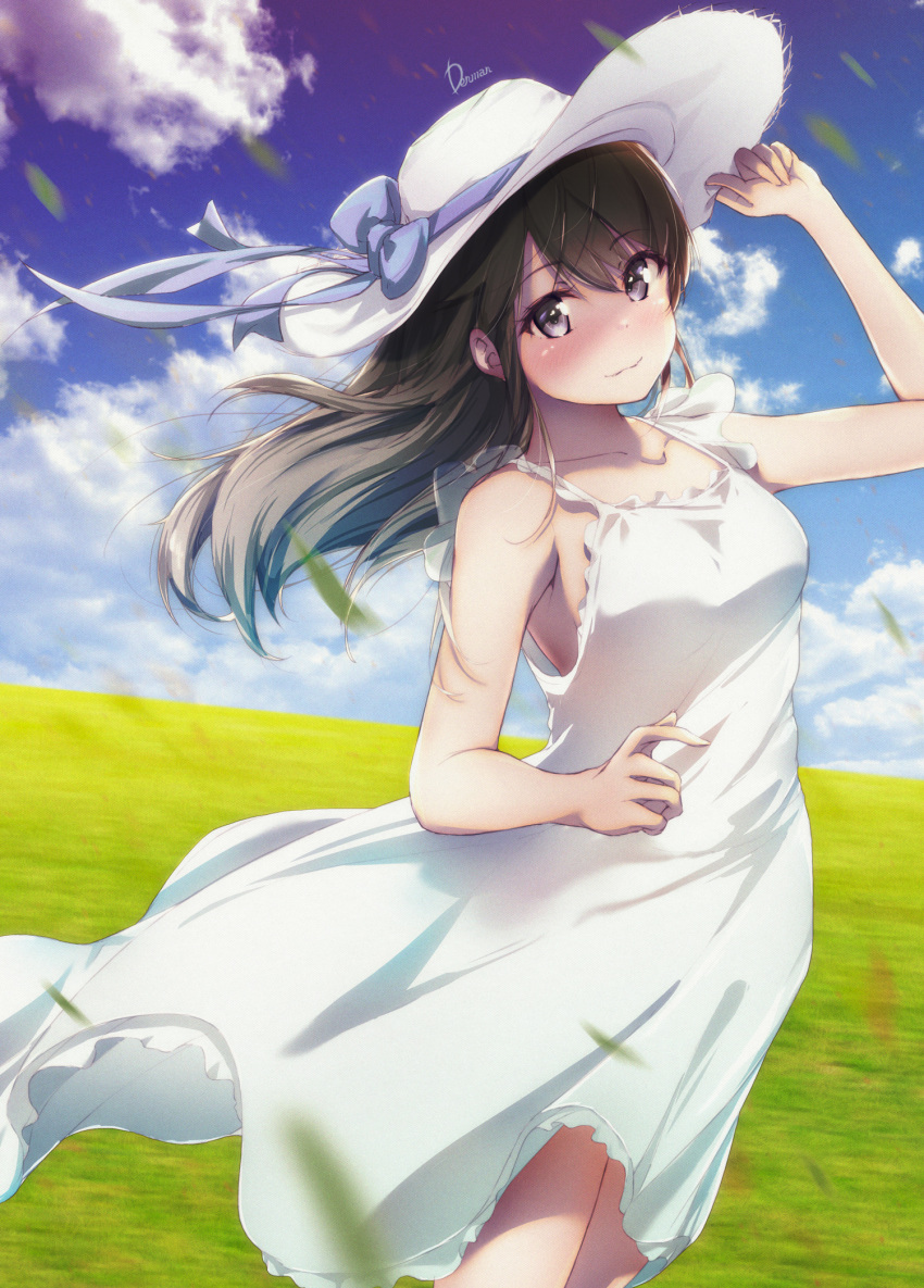 1girl arm_up bangs bare_arms black_hair blue_sky blush closed_mouth clouds collarbone commentary_request day dermar dress eyebrows_visible_through_hair field grass greyscale hair_blowing hat hat_ribbon head_tilt highres horizon long_hair looking_at_viewer monochrome outdoors ribbon sakurajima_mai seishun_buta_yarou signature sky smile solo standing straw_hat sun_hat sundress white_dress white_headwear