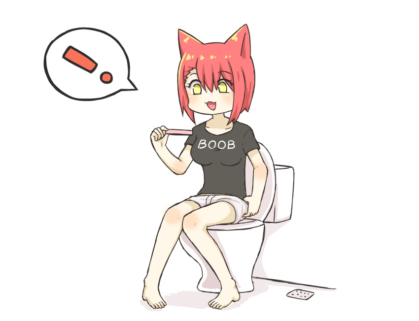 ! 1girl animal_ears bare_legs breasts cat_ears greenteaneko highres open_mouth original pregnancy_test redhead shirt short_shorts shorts sitting smile solo spoken_exclamation_mark t-shirt toilet yellow_eyes