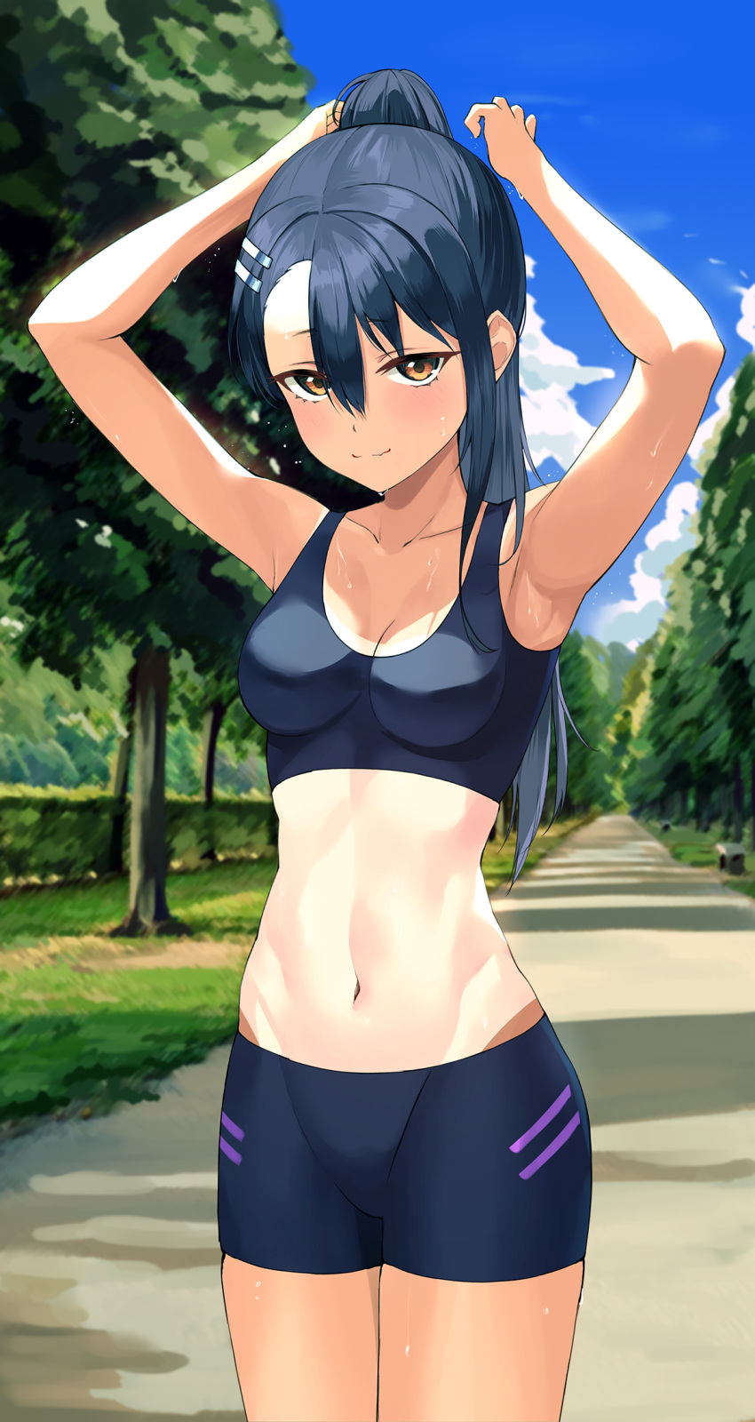 1girl armpits arms_up bare_arms bare_shoulders bike_shorts black_hair black_shorts breasts closed_mouth collarbone commentary_request cowboy_shot crop_top day hair_between_eyes highres ijiranaide_nagatoro-san junkt729 long_hair looking_at_viewer medium_breasts midriff nagatoro_hayase navel one-piece_tan orange_eyes outdoors ponytail short_shorts shorts sleeveless smile solo sports_bra standing stomach sweat tan tanline thighs tying_hair