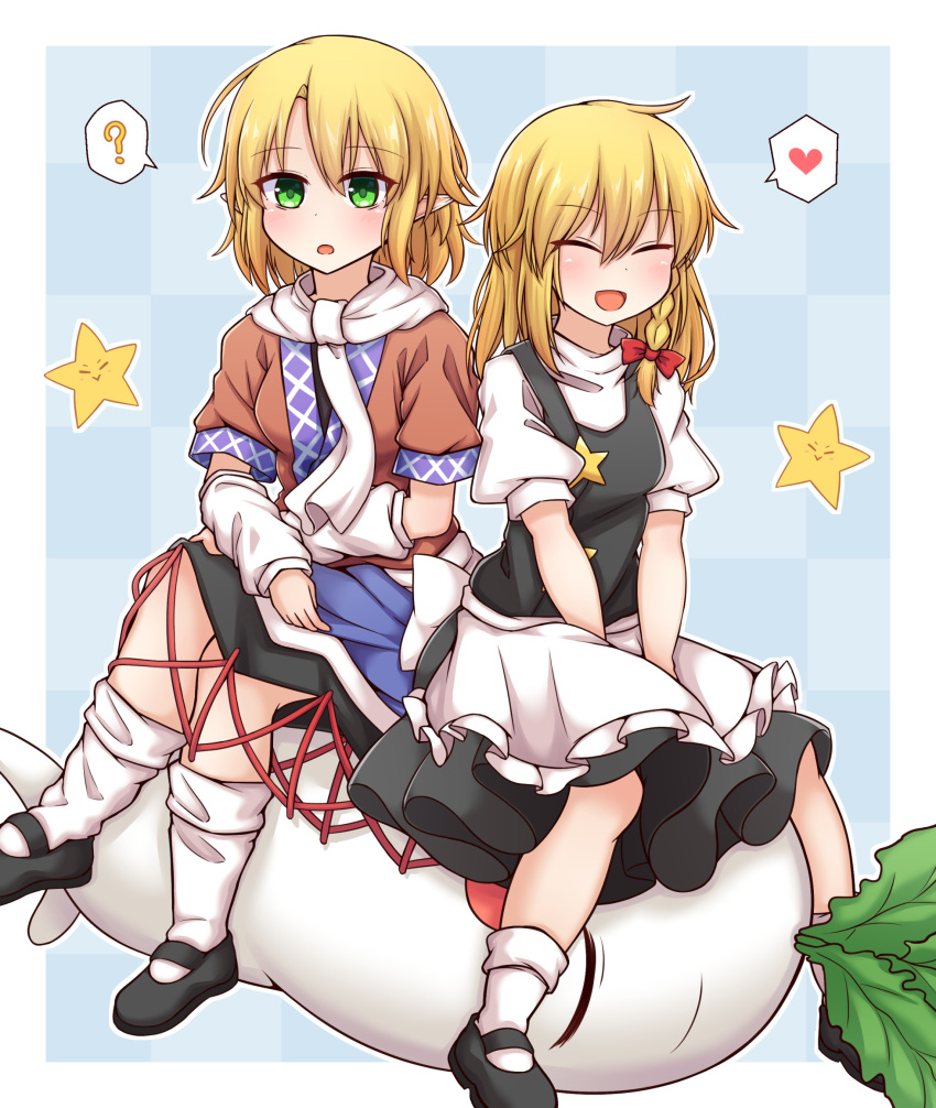 2girls ? apron arm_warmers bangs black_dress black_footwear black_shirt black_skirt blonde_hair border bow braid breasts brown_jacket closed_eyes commentary cookie_(touhou) daikon dress eyebrows_visible_through_hair full_body green_eyes hair_between_eyes hair_bow heart highres jacket joker_(cookie) kirisame_marisa looking_at_viewer mary_janes medium_hair mizuhashi_parsee multicolored multicolored_clothes multicolored_jacket multiple_girls nb_mgnorkr no_hat no_headwear open_mouth pointy_ears puffy_sleeves red_bow reu_daikon sash scarf shirt shoes short_ponytail short_sleeves side_braid single_braid sitting skirt small_breasts smile socks spoken_heart spoken_question_mark star_(symbol) suzu_(cookie) touhou waist_apron white_apron white_border white_legwear white_sash white_scarf white_shirt