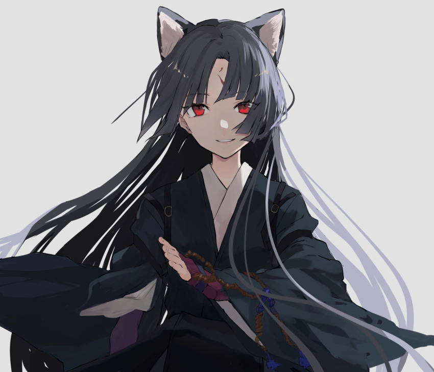 1girl animal_ears arknights black_hair black_shirt commentary dog_ears elite_ii_(arknights) extra_ears facial_mark forehead_mark grey_background japanese_clothes long_hair looking_at_viewer red_eyes saga_(arknights) shirt simple_background solo tocotaro upper_body