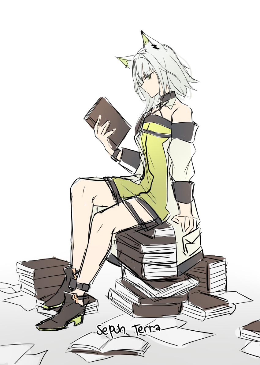 1girl absurdres arknights black_footwear book book_stack commentary dress green_dress green_eyes green_hair highres holding holding_book kal'tsit_(arknights) lynx_ears off-shoulder_dress off_shoulder pokarii_zuu short_hair sitting_on_books sketch solo white_background white_sleeves