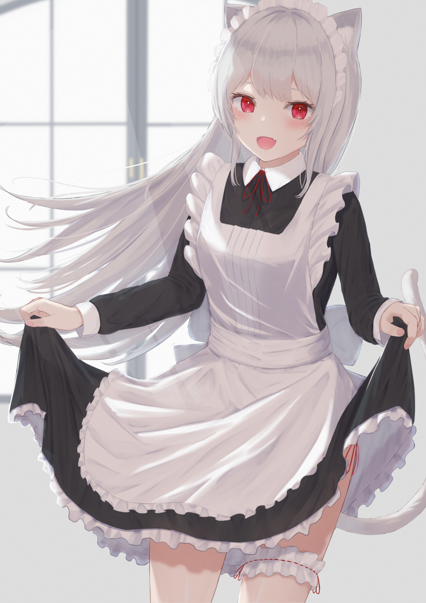 1girl :o absurdres animal_ears apron blush cat_ears cat_tail clothes_lift curtsey fang garters grey_hair highres legs long_hair looking_at_viewer maid maid_apron maid_headdress open_mouth original panties red_eyes skirt skirt_lift solo standing string_panties tail tanshio thighs underwear white_hair