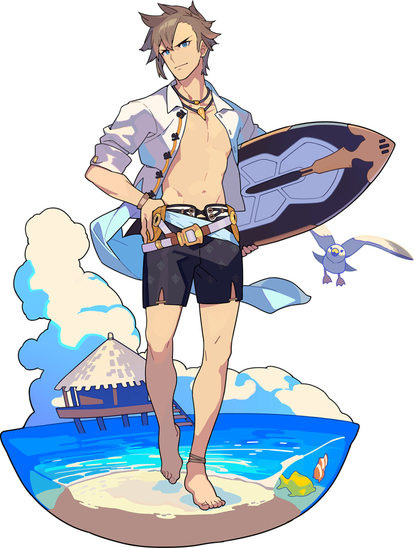 1boy anchor_symbol ankleband artist_request bangs barefoot beach belt bird blue_eyes blue_ribbon bracelet brown_hair closed_mouth clouds clownfish collarbone day fish full_body groin hand_on_hip happy highres holding holding_surfboard jewelry lazaret_(world_flipper) leg_up looking_at_viewer male_focus male_swimwear navel necklace non-web_source ocean official_art open_clothes open_shirt outdoors ribbon sand seagull shiny shiny_hair shirt short_hair short_sleeves sidelocks sleeves_rolled_up smile solo standing standing_on_one_leg stilt_house stomach surfboard swim_trunks toned toned_male transparent_background v-shaped_eyebrows walking water white_shirt world_flipper