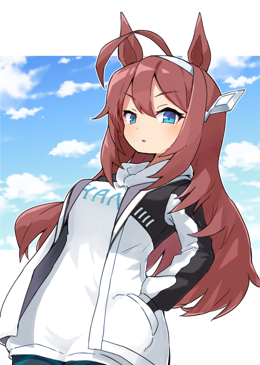 1girl :o absurdres ahoge animal_ears bangs blue_eyes blush breasts brown_hair clothes_writing commentary_request day eyebrows_visible_through_hair grey_hairband hair_between_eyes hairband hand_in_pocket highres hood hood_down hoodie horse_ears jacket long_hair long_sleeves looking_at_viewer medium_breasts mihono_bourbon_(umamusume) open_clothes open_jacket parted_lips route1911 solo umamusume upper_body v-shaped_eyebrows very_long_hair white_hoodie white_jacket