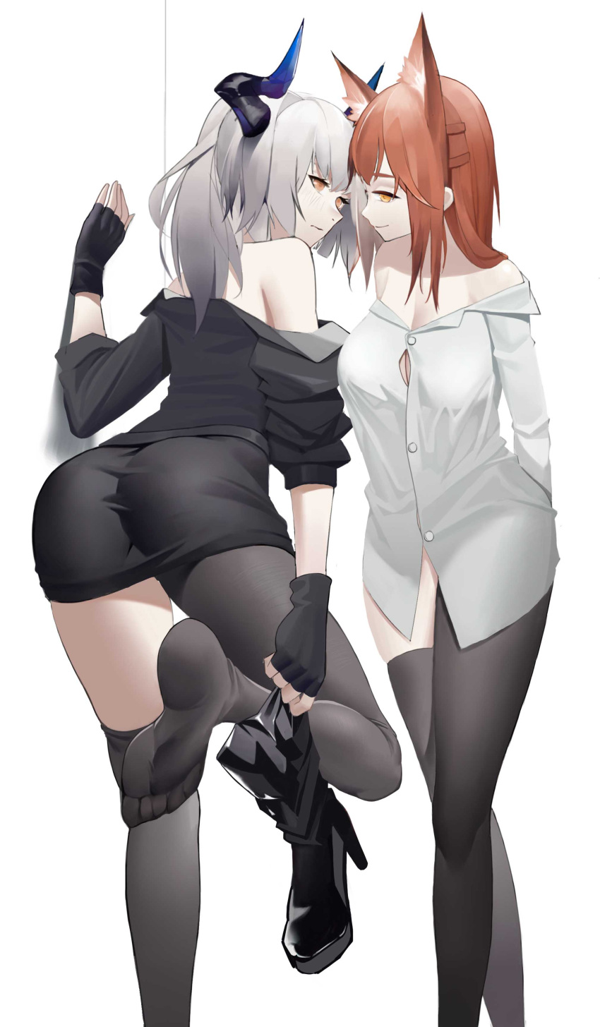 2girls aaakira_(sk_bogi) absurdres animal_ears arknights black_footwear black_gloves black_shirt black_skirt boots brown_hair chinese_commentary commentary dragon_horns extra_ears fingerless_gloves foot_out_of_frame foot_up footwear_removed fox_ears franka_(arknights) gloves highres holding holding_clothes holding_footwear horns imminent_kiss liskarm_(arknights) looking_at_another mismatched_legwear multiple_girls off_shoulder shirt simple_background skirt standing standing_on_one_leg thigh-highs undressing white_background white_shirt yellow_eyes yuri