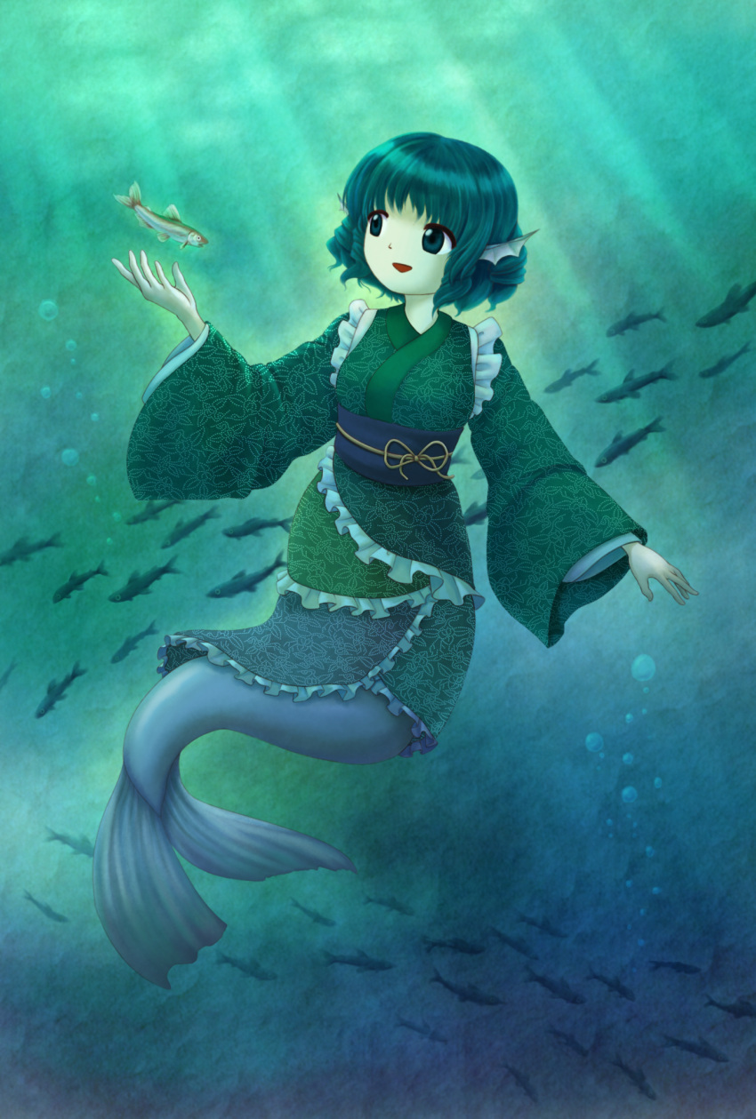 1girl animal_ears bangs blue_eyes blue_hair bubble commentary_request drill_hair fish frilled_kimono frills full_body green_kimono head_fins highres japanese_clothes kimono long_sleeves looking_at_animal mermaid monster_girl obi open_mouth parasite_oyatsu parody sash school_of_fish short_hair solo style_parody touhou underwater wakasagihime wide_sleeves zun_(style)
