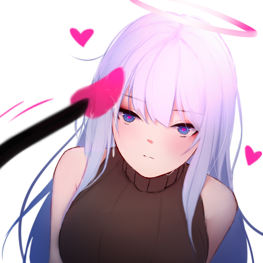 1girl bangs bare_shoulders blue_eyes blurry blurry_foreground blush breasts brown_sweater closed_mouth demon_tail depth_of_field eyebrows_visible_through_hair hair_between_eyes halo heart heart-shaped_pupils highres long_hair medium_breasts original ribbed_sweater shimmer simple_background sleeveless sleeveless_sweater sleeveless_turtleneck solo_focus sweat sweater symbol-shaped_pupils tail turtleneck turtleneck_sweater upper_body white_background white_hair
