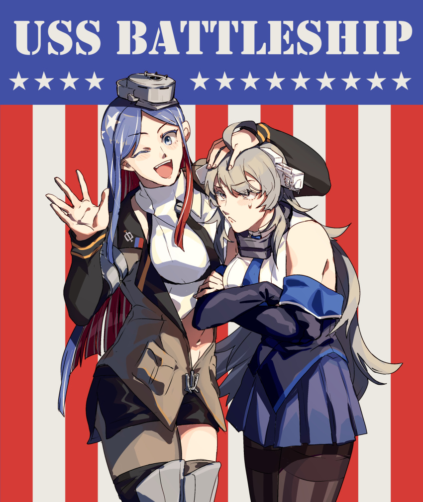 2girls ahoge american_flag american_flag_background asymmetrical_legwear bangs black_legwear black_neckwear blue_eyes blue_hair blue_neckwear blue_skirt blush breasts closed_mouth crossed_arms detached_sleeves flag_background grey_hair hand_on_another's_head headgear highres jacket kantai_collection large_breasts long_hair long_sleeves multicolored_hair multiple_girls nan_(nanyayyay) necktie one_eye_closed open_mouth pantyhose pleated_skirt redhead shirt single_leg_pantyhose single_thighhigh skirt south_dakota_(kancolle) star_(symbol) sweat thigh-highs washington_(kancolle) white_hair