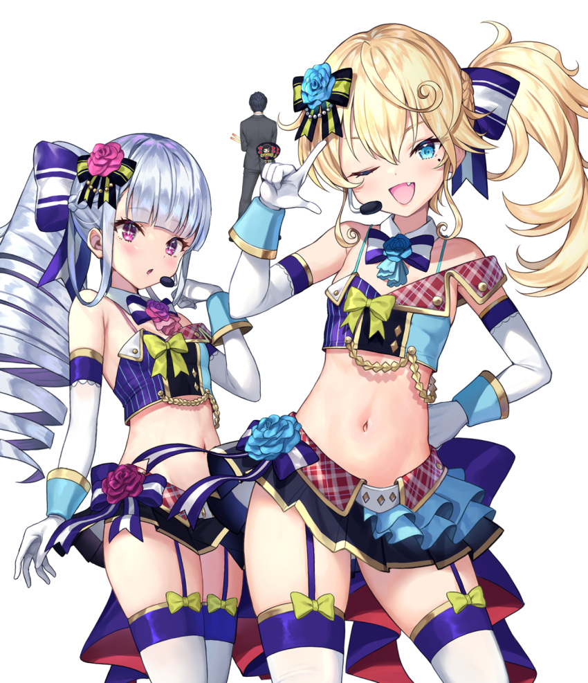 1boy 2girls ;d armpit_crease bare_shoulders black_skirt blonde_hair blue_eyes bow bowtie breasts contrapposto cowboy_shot crop_top detached_collar detached_sleeves drill_hair fang flower garter_straps gloves hair_bow hair_flower hair_ornament hand_on_hip hand_up highres idol long_hair long_sleeves looking_at_viewer matanonki midriff miniskirt mole mole_under_eye multiple_girls navel nishino_-_the_boy_at_the_bottom_of_the_school_caste_and_also_at_the_top_of_the_underground one_eye_closed open_mouth parted_lips pink_eyes pleated_skirt ponytail revealing_clothes rose shirt side_ponytail sidelocks silver_hair simple_background skirt sleeveless sleeveless_shirt small_breasts smile spaghetti_strap standing stomach thigh-highs thighs white_background white_gloves white_legwear zettai_ryouiki